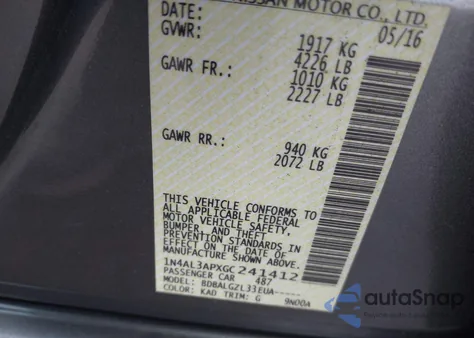 2016 Nissan Altima 2.5 S z USA, uszkodzony, nr VIN 1N4AL3APXGC241412